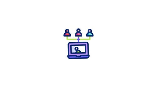 Animated Flat Design Laptop Icon with Connected People for Online Meeting