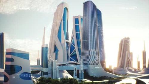 4K, Cinematic cuts. 3D Hud Utopia City of the future