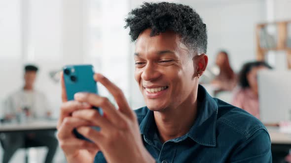Man, designer and laugh in office with phone, connectivity and funny ...