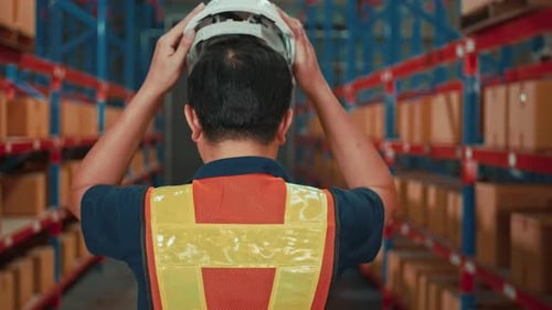 Ein asiatischer Arbeiter setzt sich einen Helm auf den Kopf