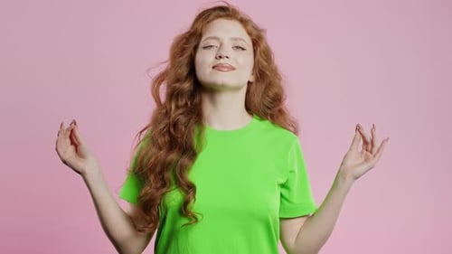 Tranquil Woman Relaxing Meditating Refuses Stress Ginger Lady Breathes Deeply Calms Down Pink Studio