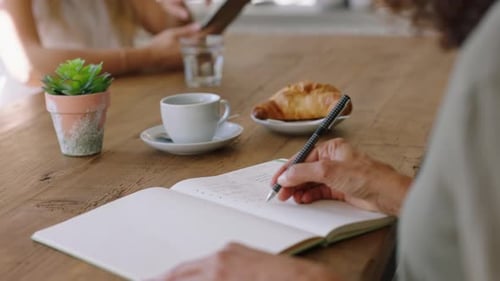Hands writing, coffee shop owner and cafe entrepreneur with vision ideas