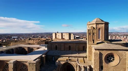 Panoramic aerial drone view of typical Gothic architecture La Seu Vella cathedral: vaults, colonnade