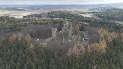 Aerial video above Helfenburk u Bavorova castle ruins aerial view in Czech Republic