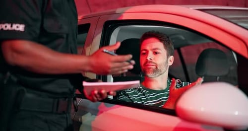 Man, traffic officer and writing with ticket in vehicle for speeding, fine