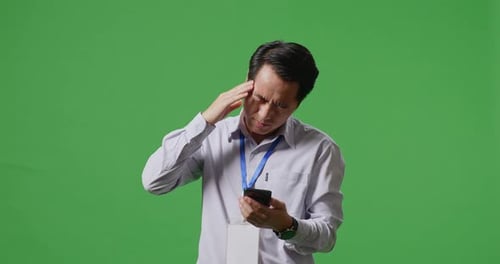 Asian Business Man Not Satisfied And Shakes His Head While Using Mobile Phone On Green Screen Studio