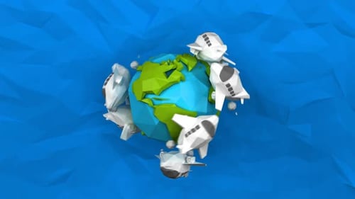 Low Poly Earth with Orbiting Planes Animation Loop