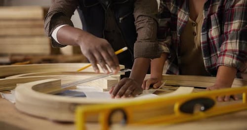 Wood, creative and carpenter planning design in workshop for furniture, manufacturing