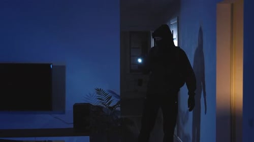 Hooded Figure with Flashlight Walks in Dark Home