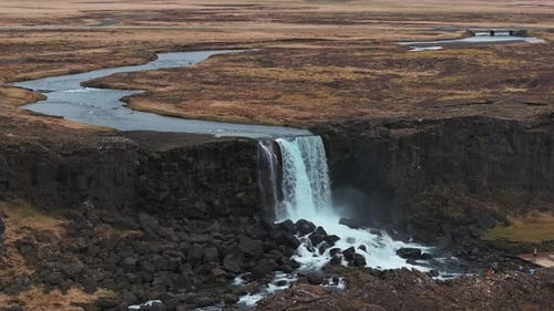 Aerial Panorama of the Oxarafoss Waterfalls in Iceland