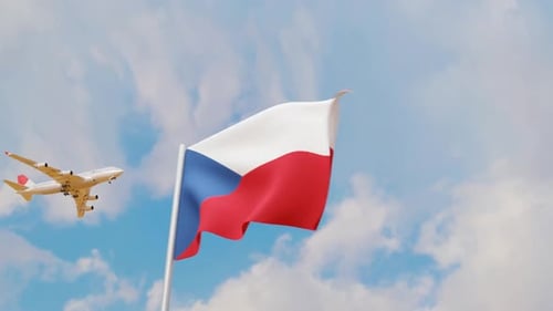 Czech Republic Flag Waving with Airplane Flying Overhead