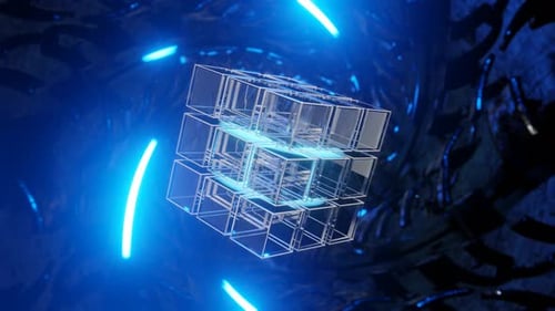 Rotation of cubes in an abstract tunnel. Blockchain concept. Technological background. Data backgrou