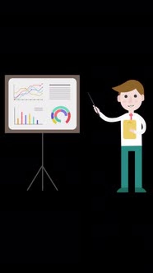 Flat Design Man Presenting Data on Whiteboard Animation