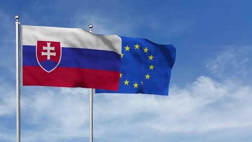 Slovakia and European Union Flags Waving in Wind