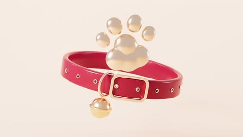Cartoon pet collar and pet paw in the yellow background, 3d rendering.