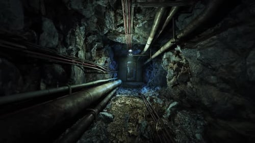 Exploring a Dimly Lit Underground Bunker with Exposed Pipes