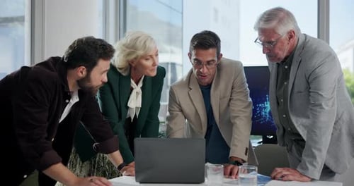 Discussion, group and colleagues with laptop, boardroom and meeting for global trade with tech