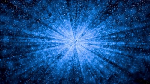Glühender blauer Schneefall mit radialen Lichtstrahlen auf schwarzem Hintergrund, die nahtlos herunterfallen, Schneeflocken