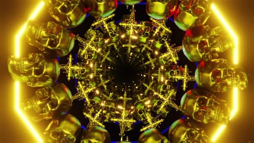 Golden Skulls and Crosses Neon Tunnel Loop
