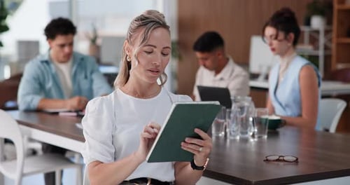 Meeting, review or woman with tablet in media agency, planning editorial calendar