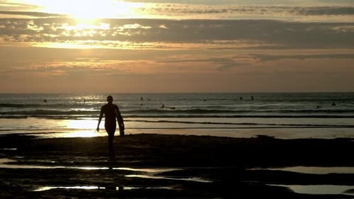 Surfista masculino caminhando até a costa em uma praia ao pôr do sol