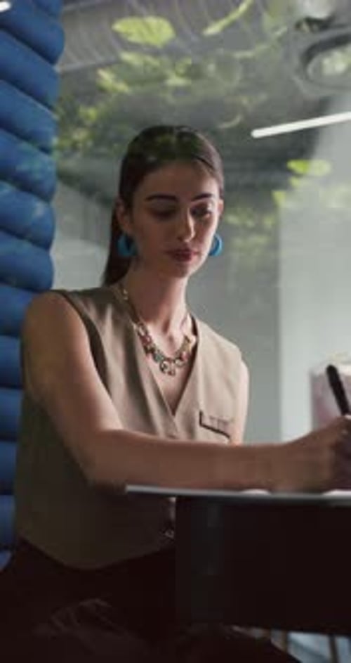 Creative, writing and woman in office cubicle for story ideas, review article and editing report