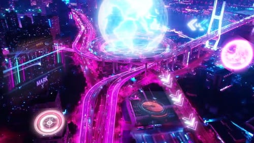 Aerial View of Smart City and Abstract Polygon Pattern Connection With Speed Neon Line Light, Big Da