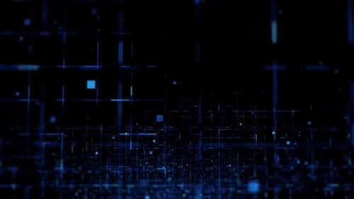 Blaue digitale Gitterimpulse mit leuchtenden Quadraten im Cyberspace