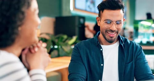 Conversation, coffee shop and people coworking on freelance project drinking a latte together