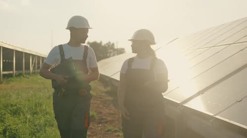 Two Engineers Walk Around Checking the Functionality of a Solar Farm