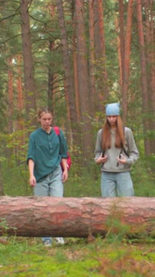 Two Sisters Hiking in Lush Green Forest with Backpacks and Sunlight Filtering