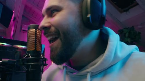 Close Up of Bearded Man Podcasting