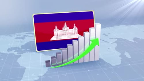 Cambodia Flag With Increasing Bar Chart Graph And Arrow Green