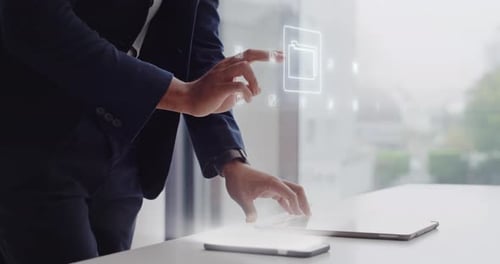 Hologram, ux design and architecture app with 3D digital augmented reality of engineering
