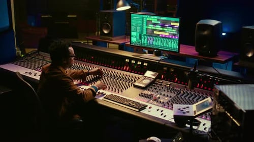 Portrait of Professional Sound Engineer Recording Tracks and Editing Tunes