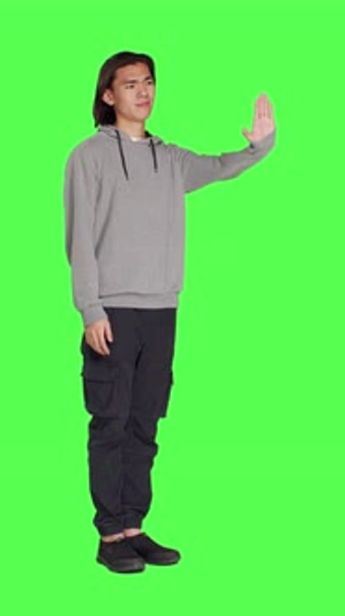 Seitenansicht der Person zeigt Stoppschild mit erhobener Handfläche