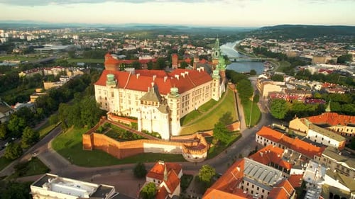 Aerial View Over Wawel Royal Castle During Sunrise In Krakow, Poland - drone shot