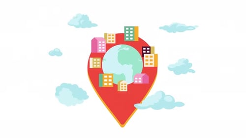 Global Location Pin with Animated Buildings and Clouds