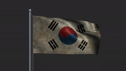 Bandeira animada da Coreia do Sul com tecido envelhecido em um mastro