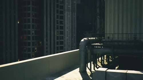 Dark City Rooftop View with Modern Buildings and Subtle Motion
