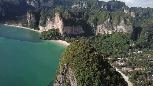 Exotic Tropical Paradise of Thailand. Aerial View on Railay Beach Krabi, Steep Limestone Cliffs and