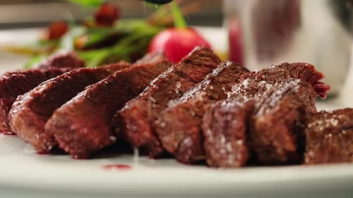 Beef Angus Steak in Restaurant Close Up Pieces of Hot Ribeye Steak Served on the Wooden Board Medium