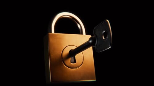 Golden padlock with key unlocking security and access in dark scene