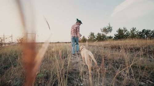 Young Adult Walks Dog in Sunny Field