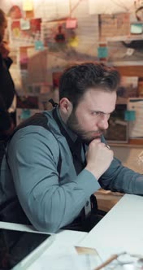 Detective, man and computer with thinking in office for lead search, problem solving