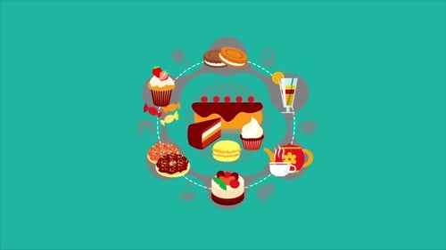 Animated Flat Design Icons of Desserts and Beverages