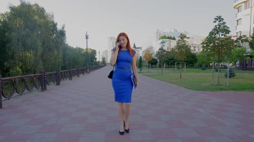 Pretty Middle Aged Businesswoman Talking on Phone While Walking on City Street