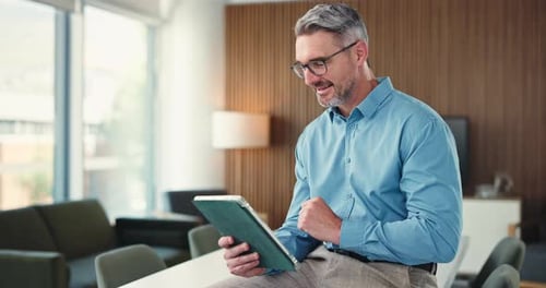 Journalist, reading or man in agency with tablet, draft review or research for article update