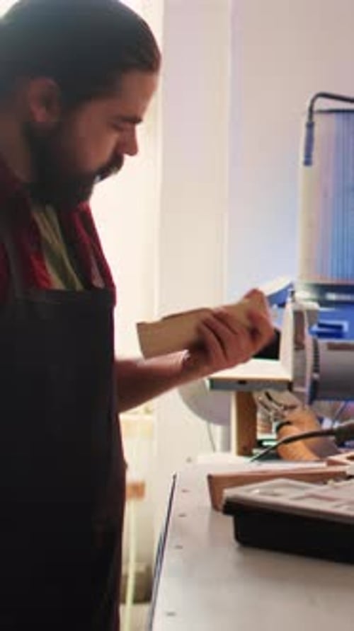 Vertical Video Cabinetmaker Drills Hole Into Lumber Block Doing Furniture Assembling