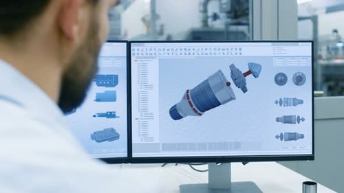 Engineer Working on a Personal Computer with Two Displays, He's Designing New Efficient Engine in C
